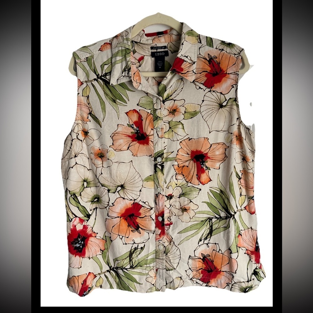 IZOD Women’s Tropical Button-Up Sleeveless Shirt 100% Washable Silk Sz 14